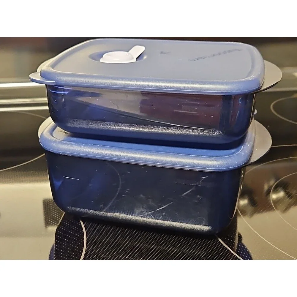 Set of 2 Tupperware Vent N Serve Medium Shallow / Medium Container Indigo Blue